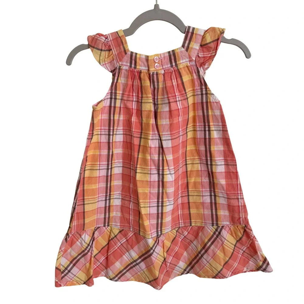 Vintage Y2K Cherokee Girls 3T Orange Plaid Flutter Sleeve Cotton Ruffle Dress